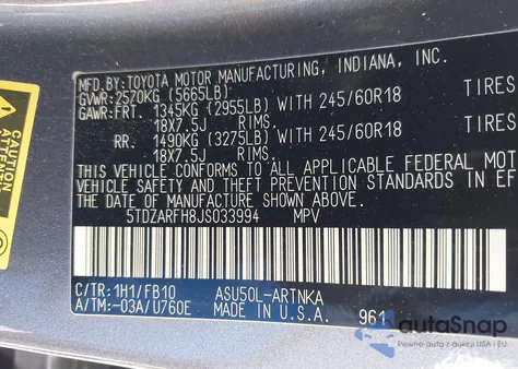 2018 Toyota Highlander Le from USA, damaged, VIN 5TDZARFH8JS033994